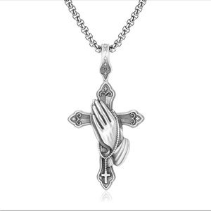 Silver Alloy Praying Hands Cross Necklace